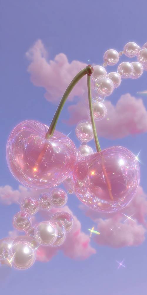 空に浮かぶキラキラのピンクのさくらんぼと泡 壁紙 [21b7e2fb97514294968d]
