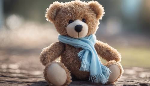 A cute pastel brown teddy bear with baby blue scarf