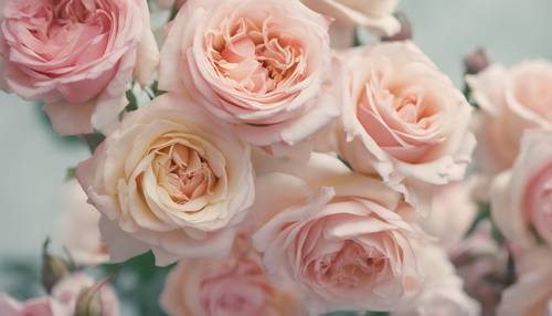 A luscious arrangement of Chinese roses in a soft pastel color palette.