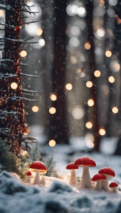 Eine festliche Szene eines mit Lichterketten, schneebedeckten Kiefern und roten Pilzen dekorierten Waldes.