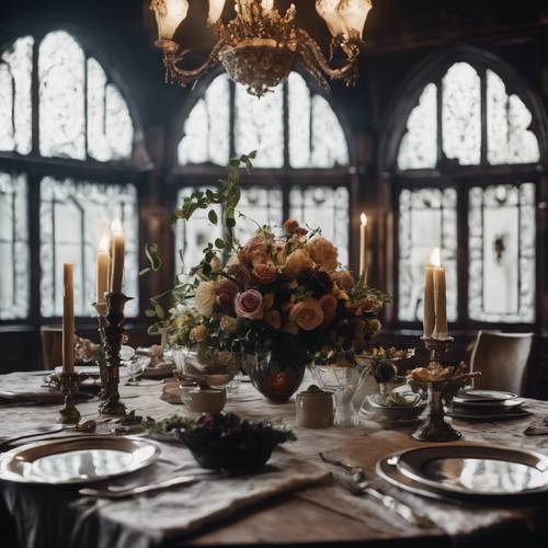 Un repas sombre servi dans une salle à manger gothique, la table drapée d&#39;un centre de table floral florissant.