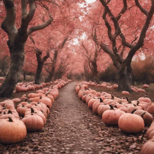 Pink-hued autumnal landscape featuring a path lined with pumpkins.