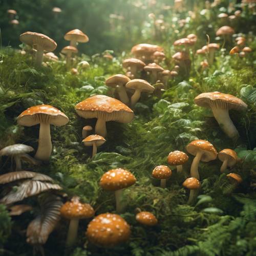 Szeroki widok na zieloną łąkę pełną różnorodnych, marzycielskich i fantastycznych gatunków grzybów.