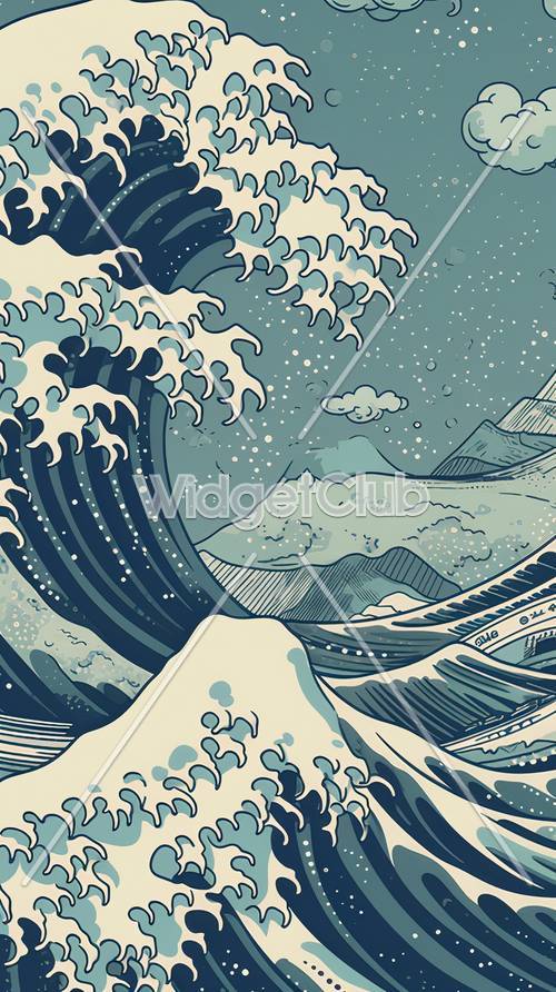 涼しい青色の波と山のアート - 壁紙テーマ