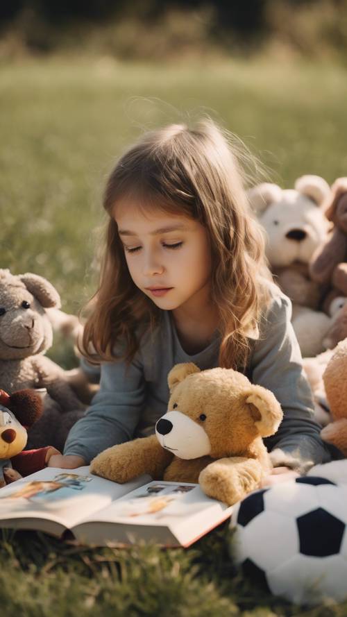 Una niña tumbada en el césped, leyendo un libro ilustrado a sus amigos animales de peluche.
