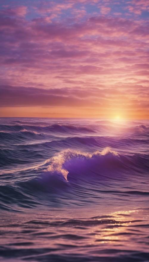 A large ocean wave gradually transitioning from blue to purple under a sunset.