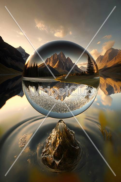 Sphère de verre vue sur le sommet d&#39;une montagne au coucher du soleil