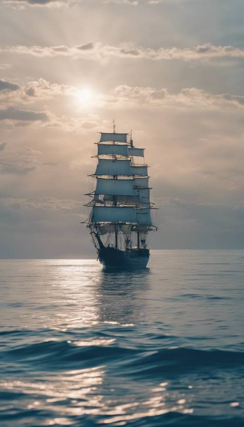 An endless blue ocean stretching to the horizon with a lonely sailing ship