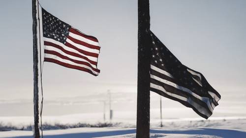 Karlı bir manzaraya karşı bayrak direğinde yavaşça dalgalanan siyah bir Amerikan bayrağı.