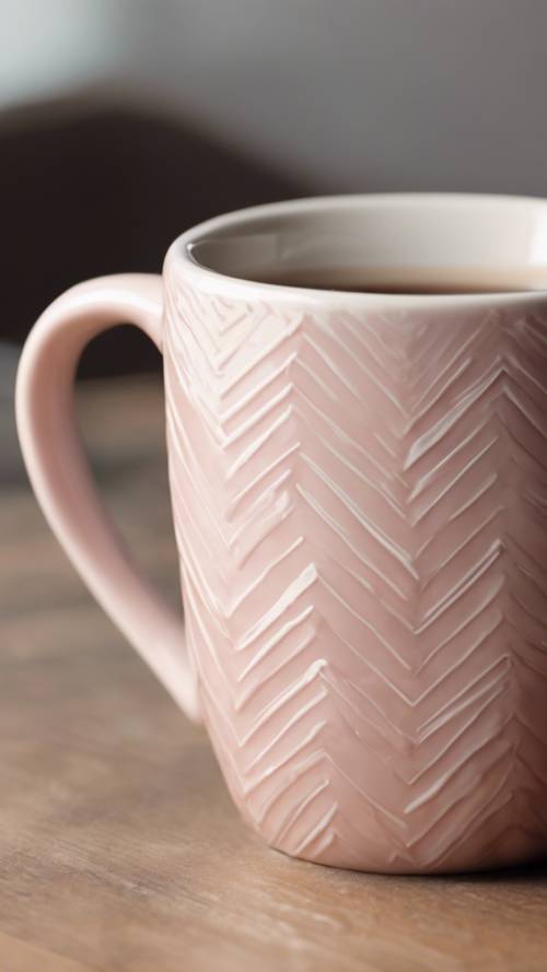Seramik bir kahve kupasının pürüzsüz yüzeyinde şakacı bir şekilde dans eden hafif pembe şerit deseni.