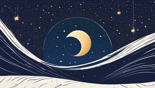 A stylised depiction of the night sky in navy, complete with stars and a radiant moon. Wallpaper [d3e97711b19b46f2b3b6]
