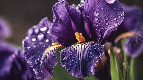 A close-up of a dark violet iris with dew drops on its delicate petals.