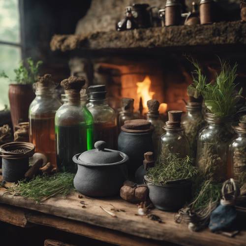 Uma representação da cozinha de uma bruxa com frascos de poções, uma variedade de ervas e uma panela fumegante na lareira.