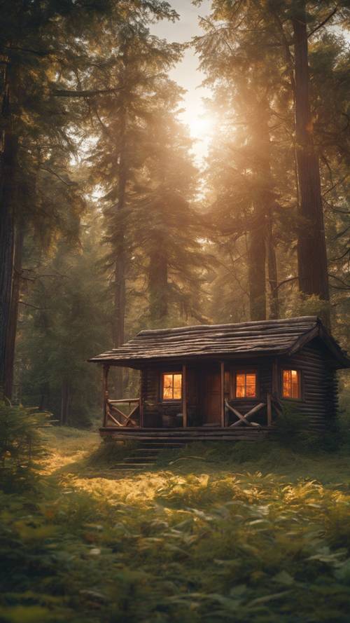 Um pôr do sol tranquilo sobre uma velha cabana no coração de uma densa floresta.
