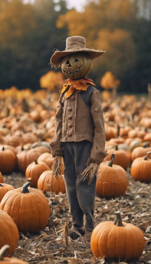 A whimsical picture of a scarecrow standing sentinel in a pumpkin patch on an autumn afternoon.