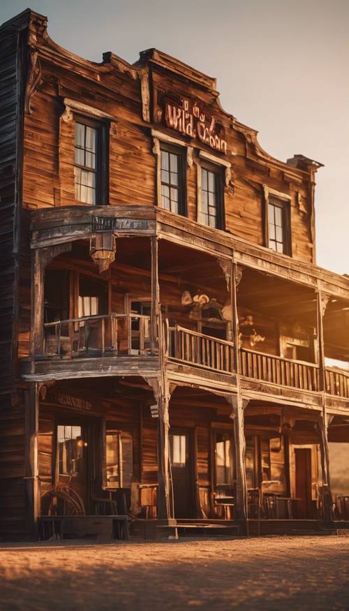 An old wild west saloon illuminated by the setting sun