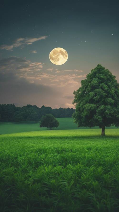 Un campo verde lussureggiante con una luna ad alta definizione che fa capolino tra gli alberi.