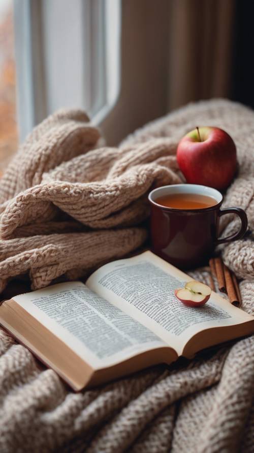 كتاب به بطانية دافئة وكوب من عصير التفاح الساخن على خلفية ظهيرة خريف ممطرة.