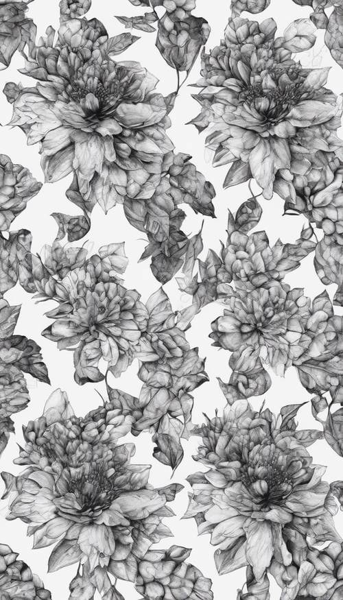 Hand-drawn floral grunge seamless pattern in black and white.