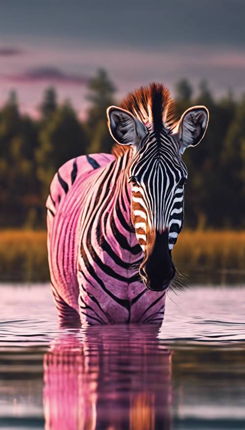 Una zebra rosa che abbassa la testa per bere l&#39;acqua da un lago cristallino al tramonto.