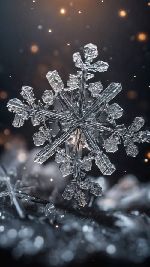 Extreme closeup of a snowflake on a black backdrop. Tapeta [8d1aa2319a5b48d4835f]