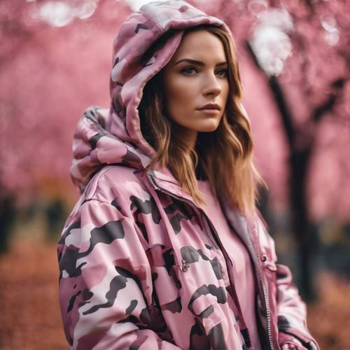 Fashionable woman wearing a pink camo jacket on a cool autumn day.