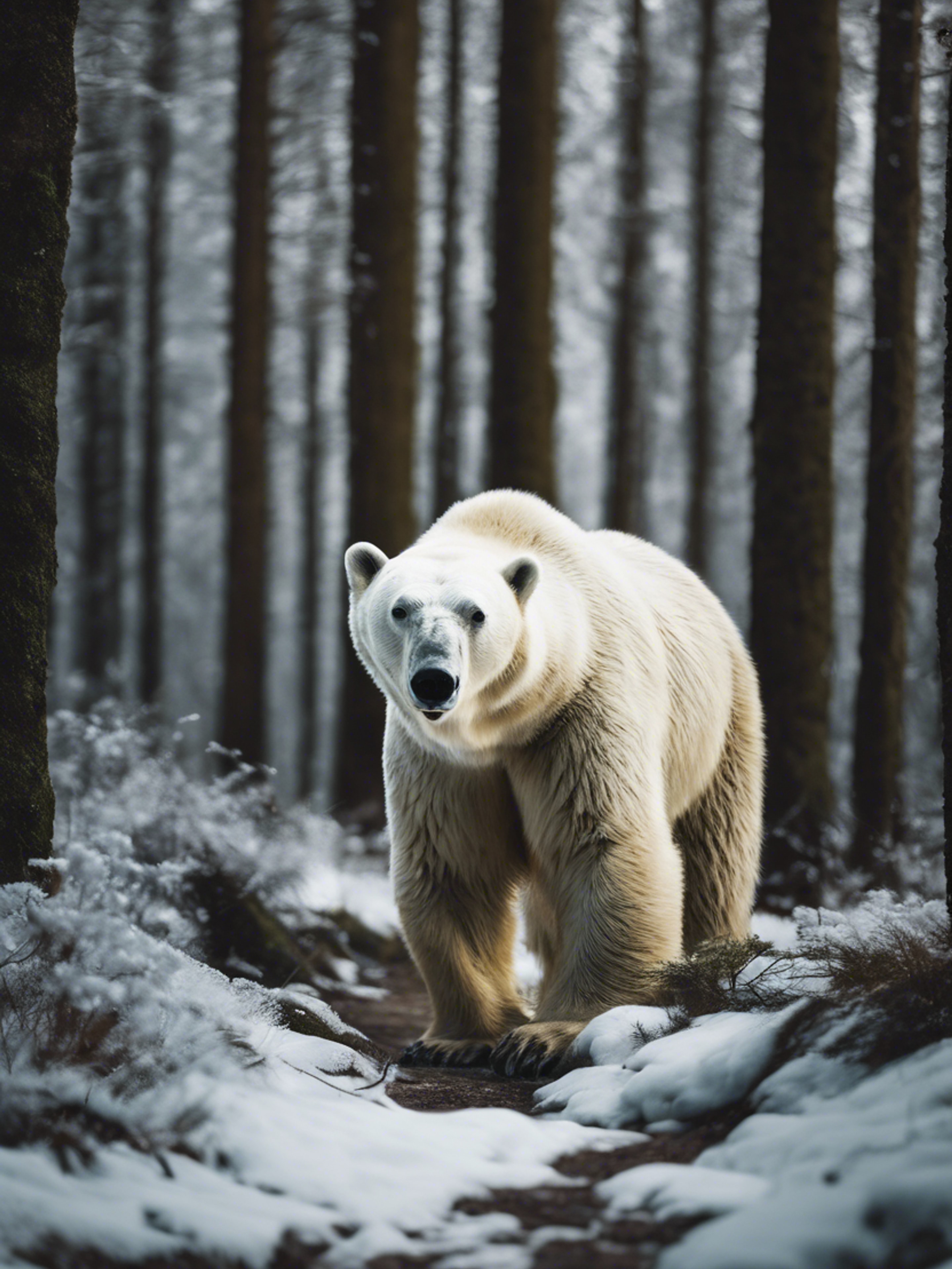 A large polar bear roaming through a dark, black forest. Валлпапер[8aeca4e03ab948ac8f3f]