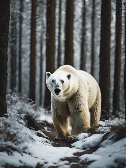 一隻巨大的北極熊在黑暗的黑色森林中漫步。