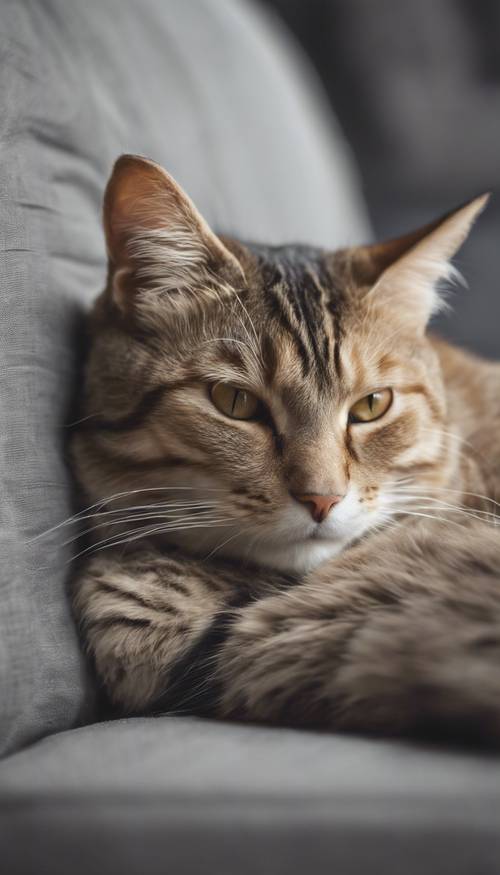 Sıcak bir şekilde aydınlatılmış bir odada, gri keten bir kanepede huzur içinde uyuyan bir kedi.