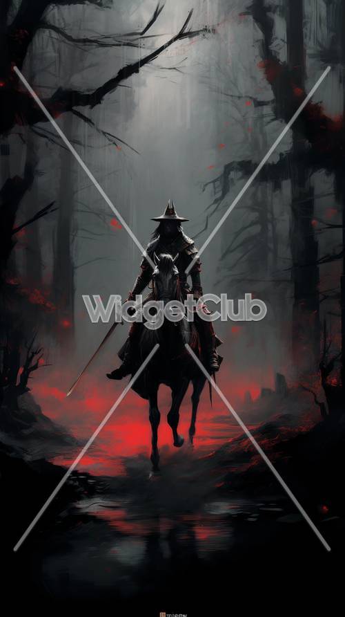 Mystical Warrior on a Horse in a Dark Forest