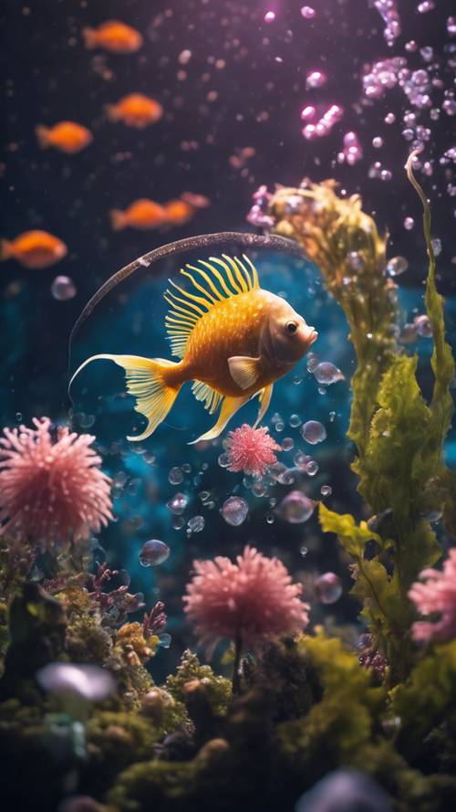 Geçen fener balıklarının aydınlattığı derin denizdeki çiçek manzarası.