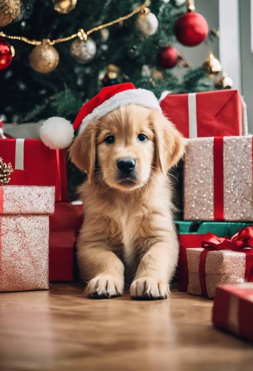 A golden retriever puppy wearing a Santa hat, curiously investigating a pile of wrapped Christmas gifts.