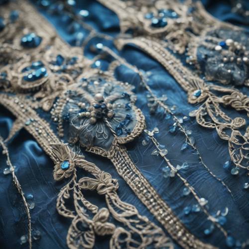 近距离观察哥特式服装上精致的蓝色刺绣。