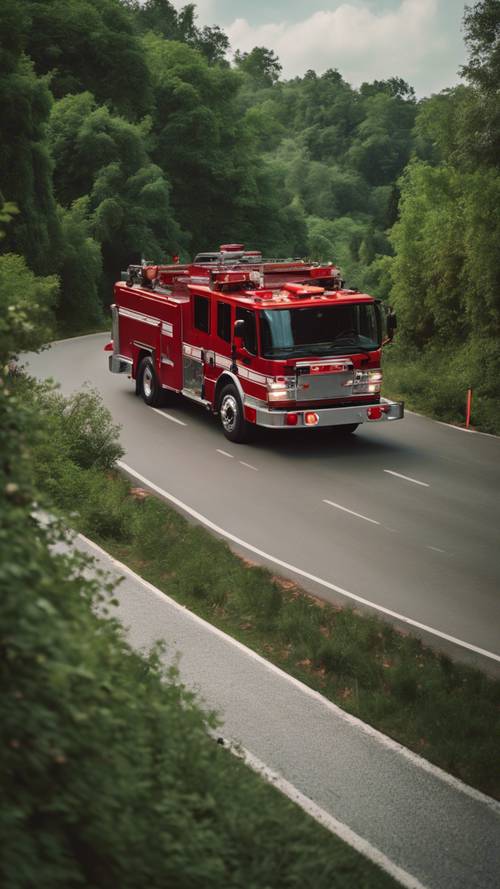 Fire truck in red colors speeding down a road surrounded by lush green trees.