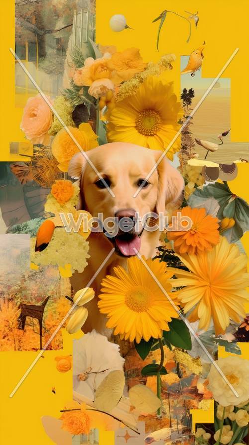 明るい日差しと笑顔の犬と明るい花々の壁紙