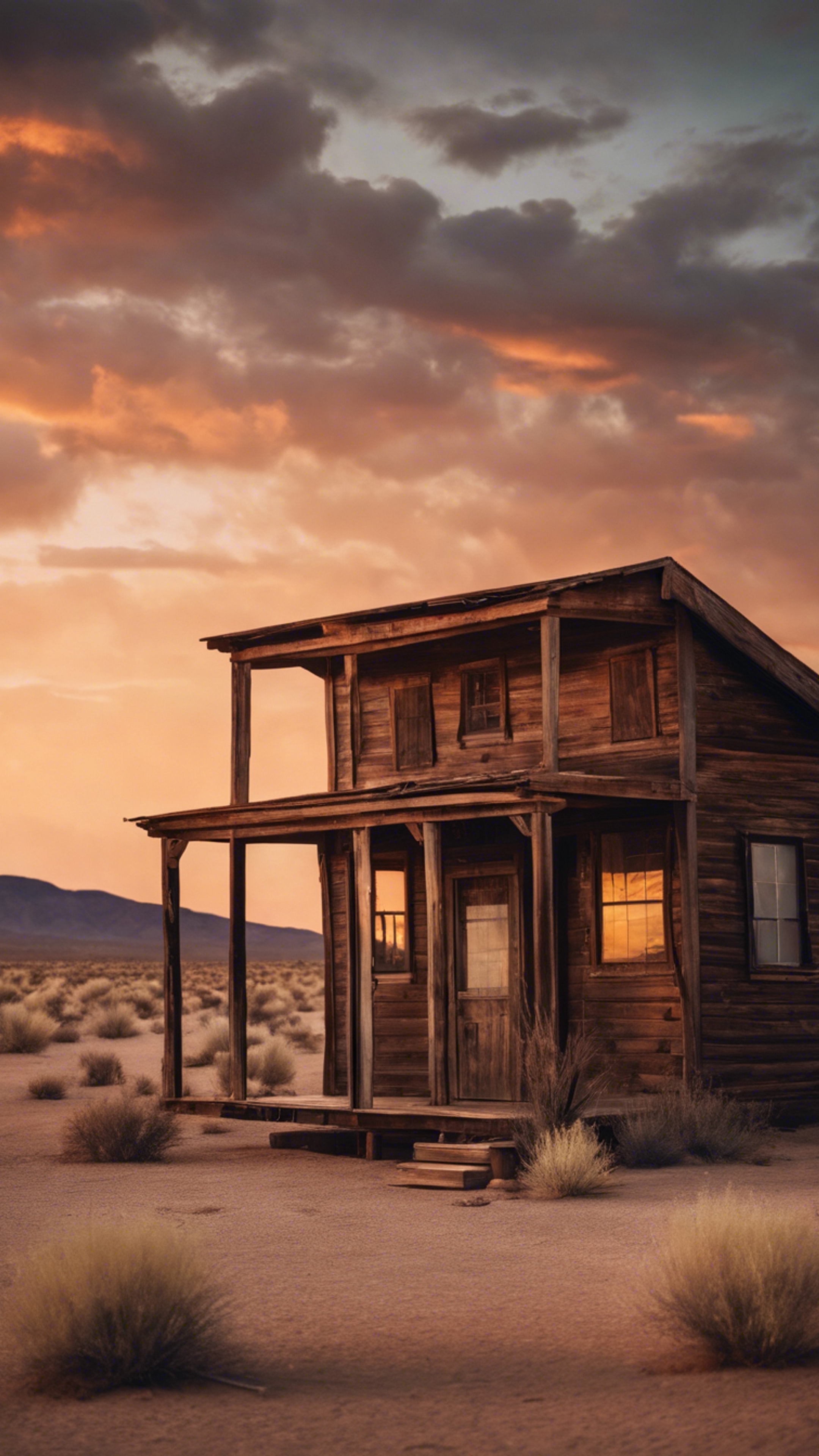A dust-swept desert scene with a lone cabin standing resiliently during a blazing sunset in the wild west. Tapeta[55ae6b4a2ff440e59218]