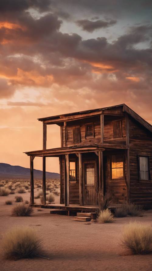 Uma cena de deserto varrida pela poeira com uma cabana solitária resiliente durante um pôr do sol escaldante no oeste selvagem.