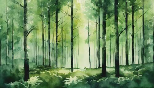 An eye-catching watercolor painting of a forest in an ombre green hue, transitioning from dark green pines to light green birches.