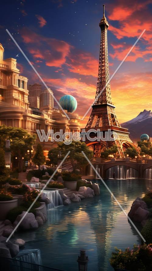 Coucher de soleil sur Fantasy City avec la Tour Eiffel et les montgolfières
