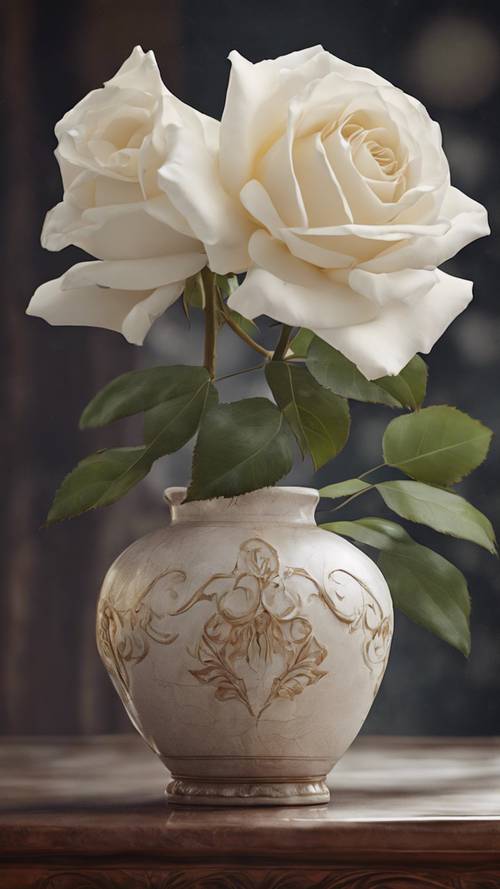 Una pintura digital de una rosa blanca de estética vintage en un hermoso jarrón antiguo.