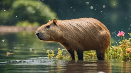 A capybara floating effortlessly in a pristine lake, surrounded by gorgeous flora.