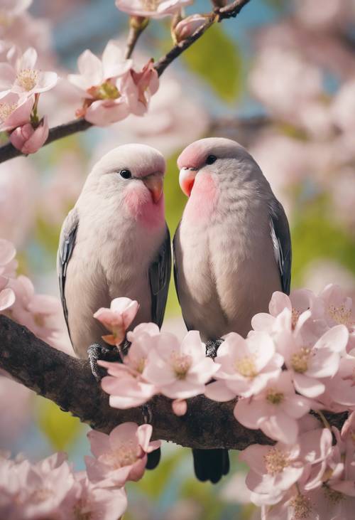 A pair of lovebirds nestled in a blooming dogwood tree. Wallpaper [c1698212b30841f1b703]