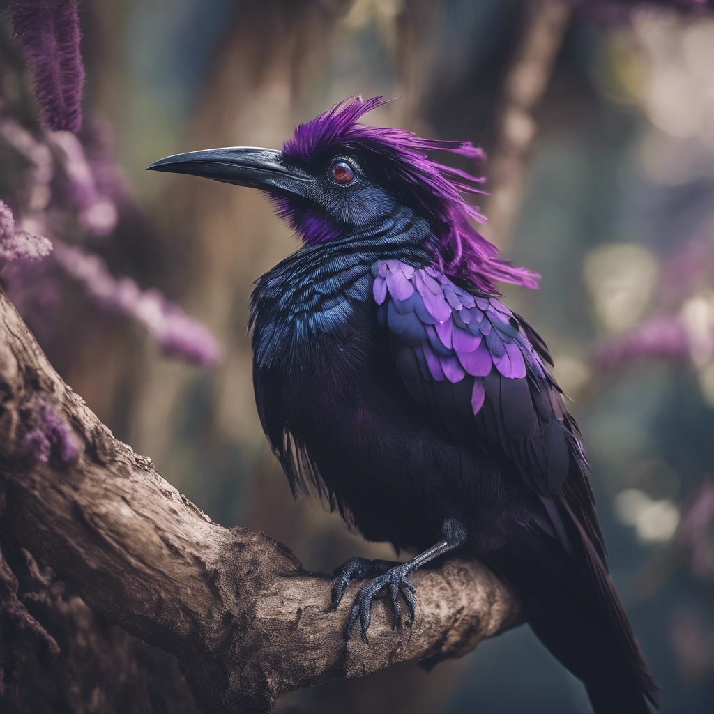An exotic bird with black feathers and hints of purple, resting on a mystical tree branch. Tapetai[9a539a123b78485f984a]