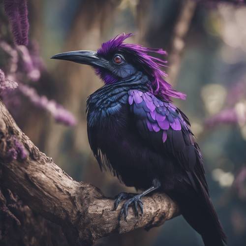 Un uccello esotico con piume nere e sfumature viola, appoggiato su un ramo di un albero mistico.