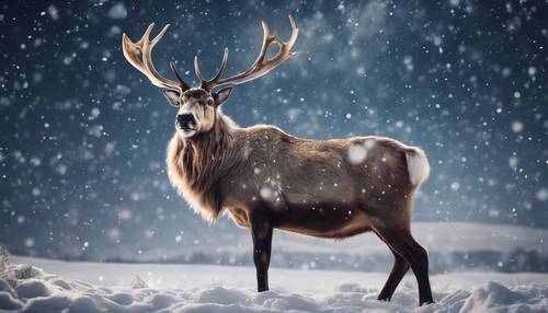 Una renna regale con un naso rosso brillante che si erge maestosa sullo sfondo della neve che cade e del cielo notturno stellato.