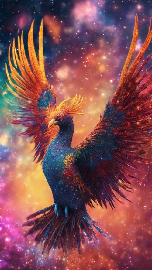 An otherworldly phoenix, its vibrant plumage leaving trails of colourful stardust as it glides through the Void of space.