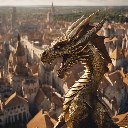 A shiny dark gold dragon flying over a bustling medieval city. Tapet [5736d6ca552a4f3ba265]