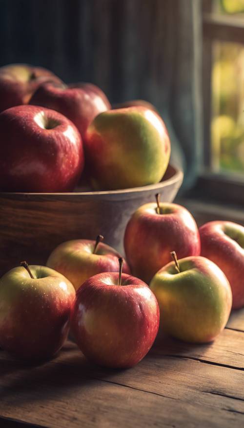Bức vẽ giữa thế kỷ về những quả táo chín, nhiều màu trên bàn gỗ dưới ánh sáng buổi tối dịu nhẹ.