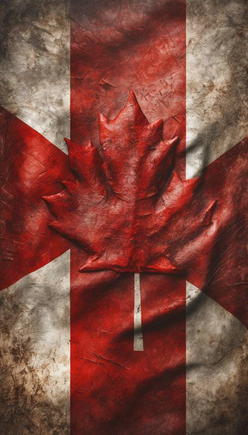 Uma bandeira canadense em estilo grunge em couro desgastado, mostrando sinais de uso intenso.