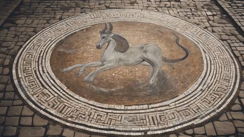 A detailed Capricorn mosaic on the floor of an ancient Roman ruin.